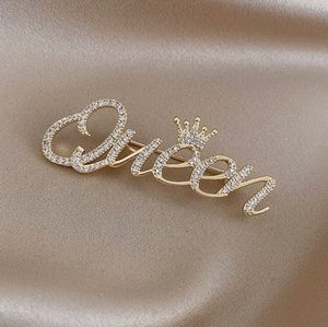 Queen Gold Tone Rhinestone Lettering Decor Brooch